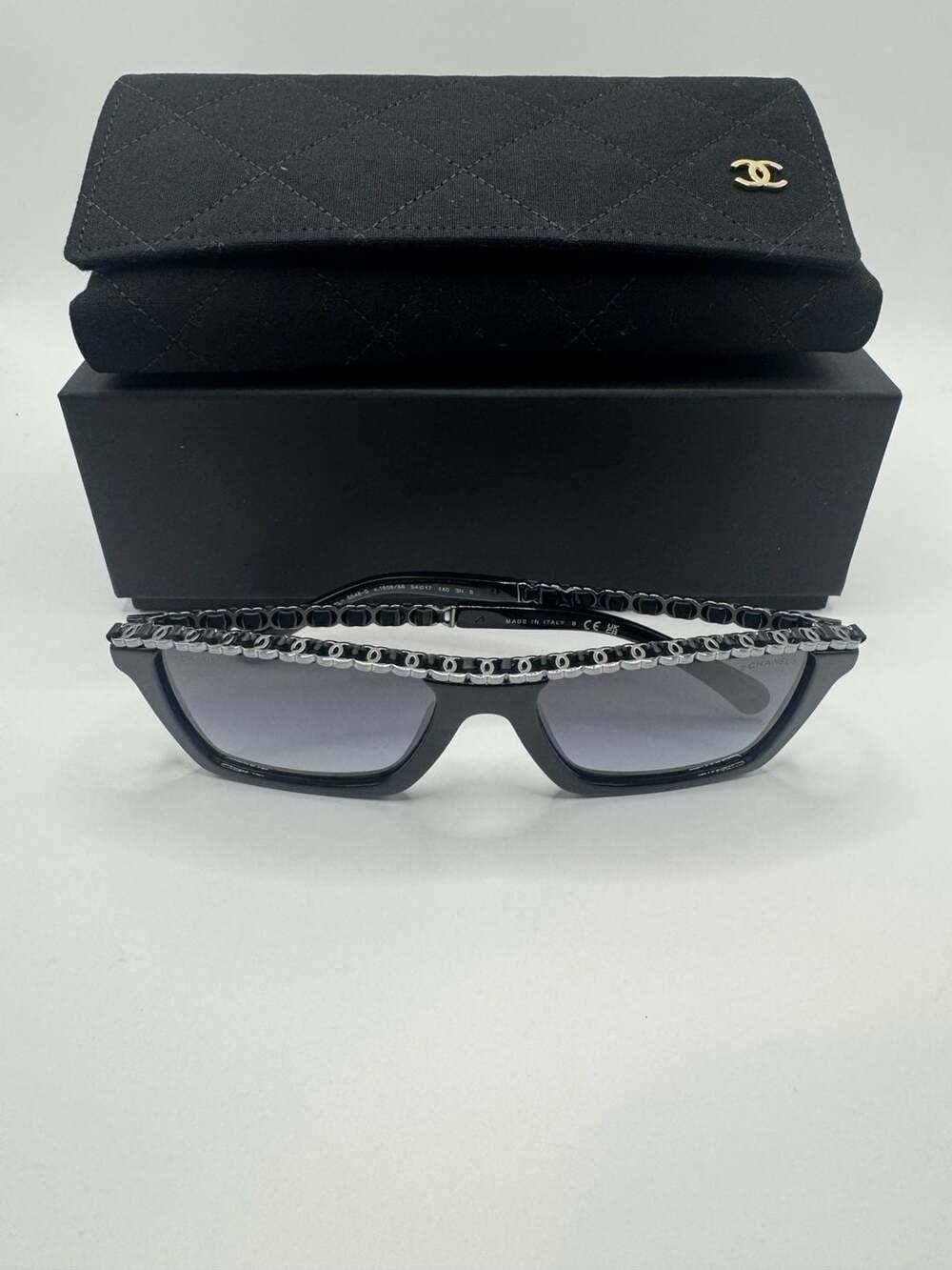 Authentic New Chanel Rectangle Sunglasses 5448-Q Size 54-17 Black Chain Frame